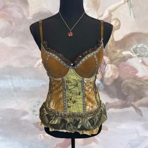 90s Y2K Fairycore Fairy Grunge Green Brown Velvet Corset Bustier Top Shirt Bead